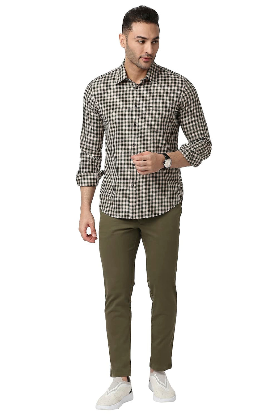BASICS SLIM FIT SHALL PINK COTTON TWILL CHECKS SHIRT