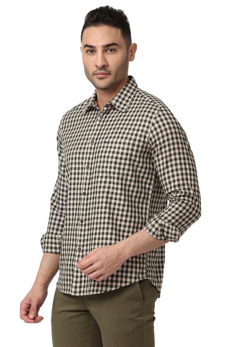 BASICS SLIM FIT SHALL PINK COTTON TWILL CHECKS SHIRT