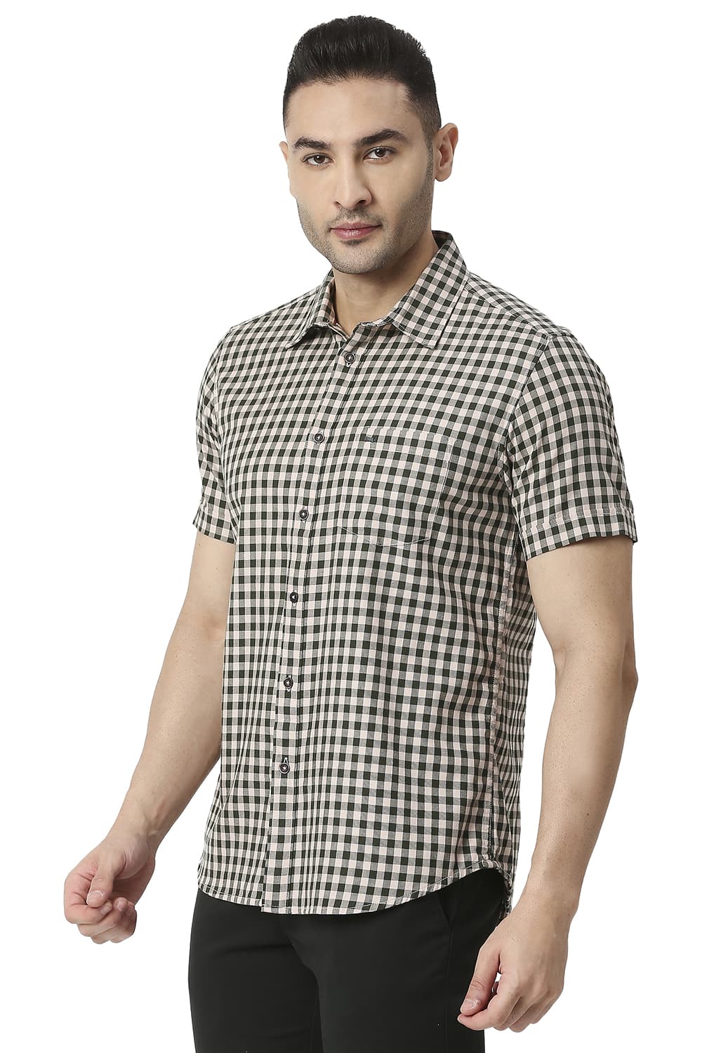 BASICS SLIM FIT COTTON TWILL CHECKS HALFSLEEVES SHIRT