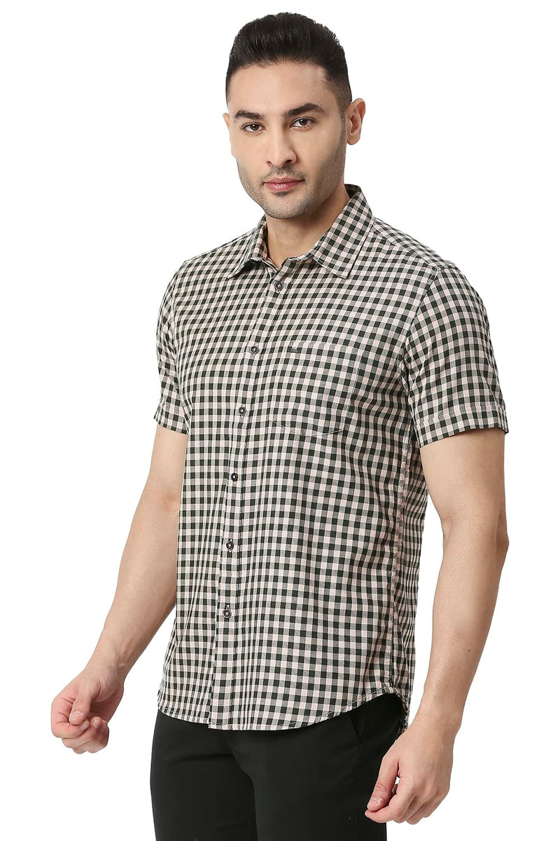 BASICS SLIM FIT COTTON TWILL CHECKS HALFSLEEVES SHIRT