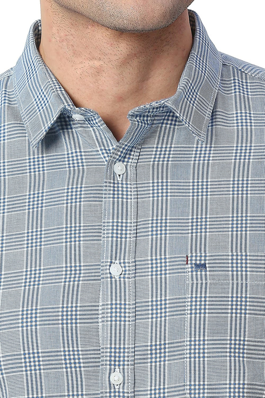 BASICS SLIM FIT CLASSIC BLUE COTTON TWILL CHECKS SHIRT