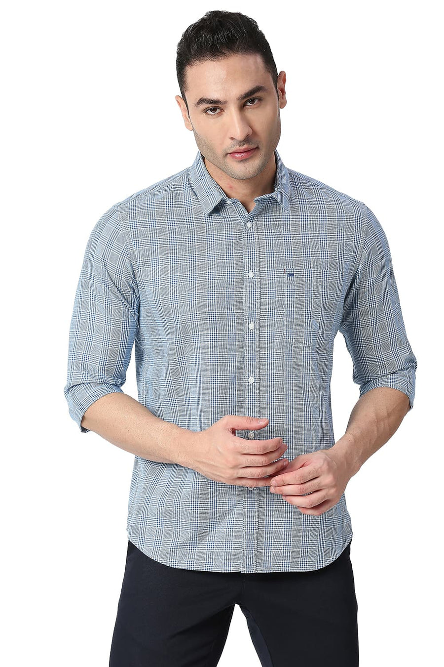BASICS SLIM FIT CLASSIC BLUE COTTON TWILL CHECKS SHIRT