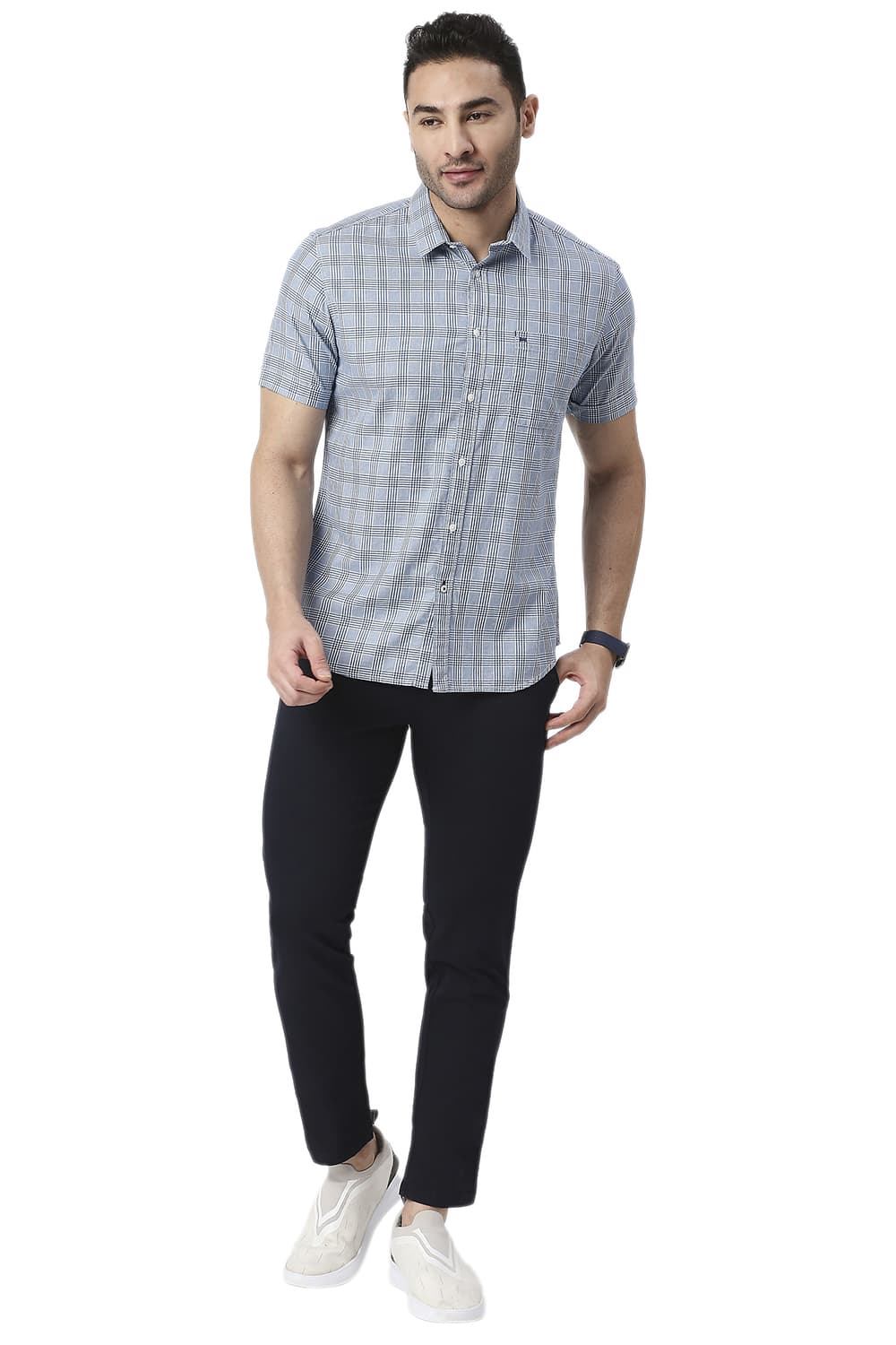 BASICS SLIM FIT COTTON TWILL CHECKS HALFSLEEVES SHIRT