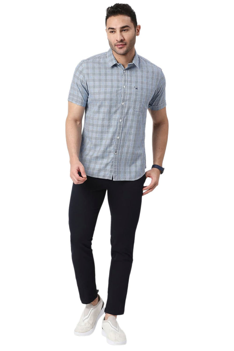 BASICS SLIM FIT COTTON TWILL CHECKS HALFSLEEVES SHIRT