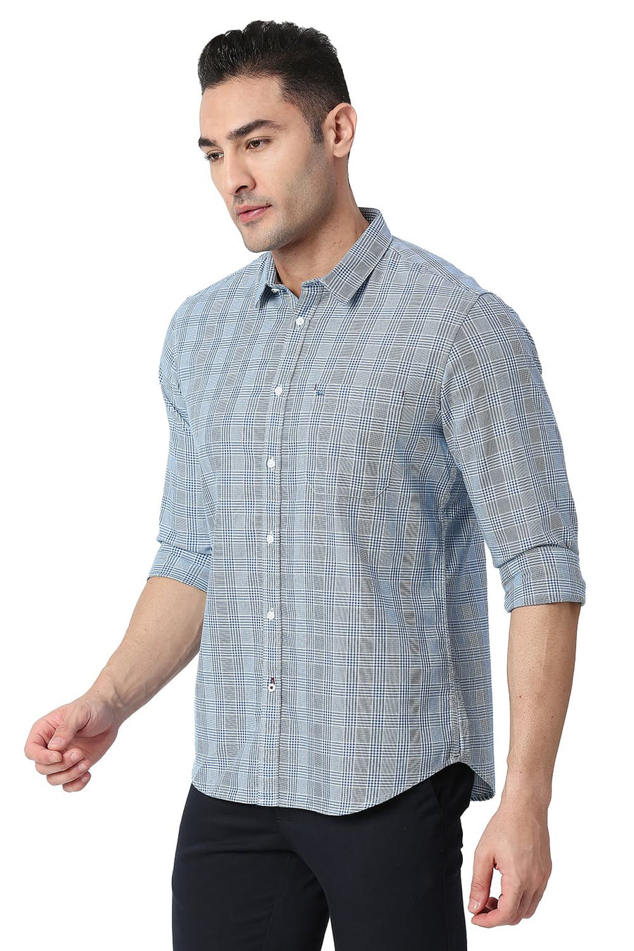 BASICS SLIM FIT CLASSIC BLUE COTTON TWILL CHECKS SHIRT