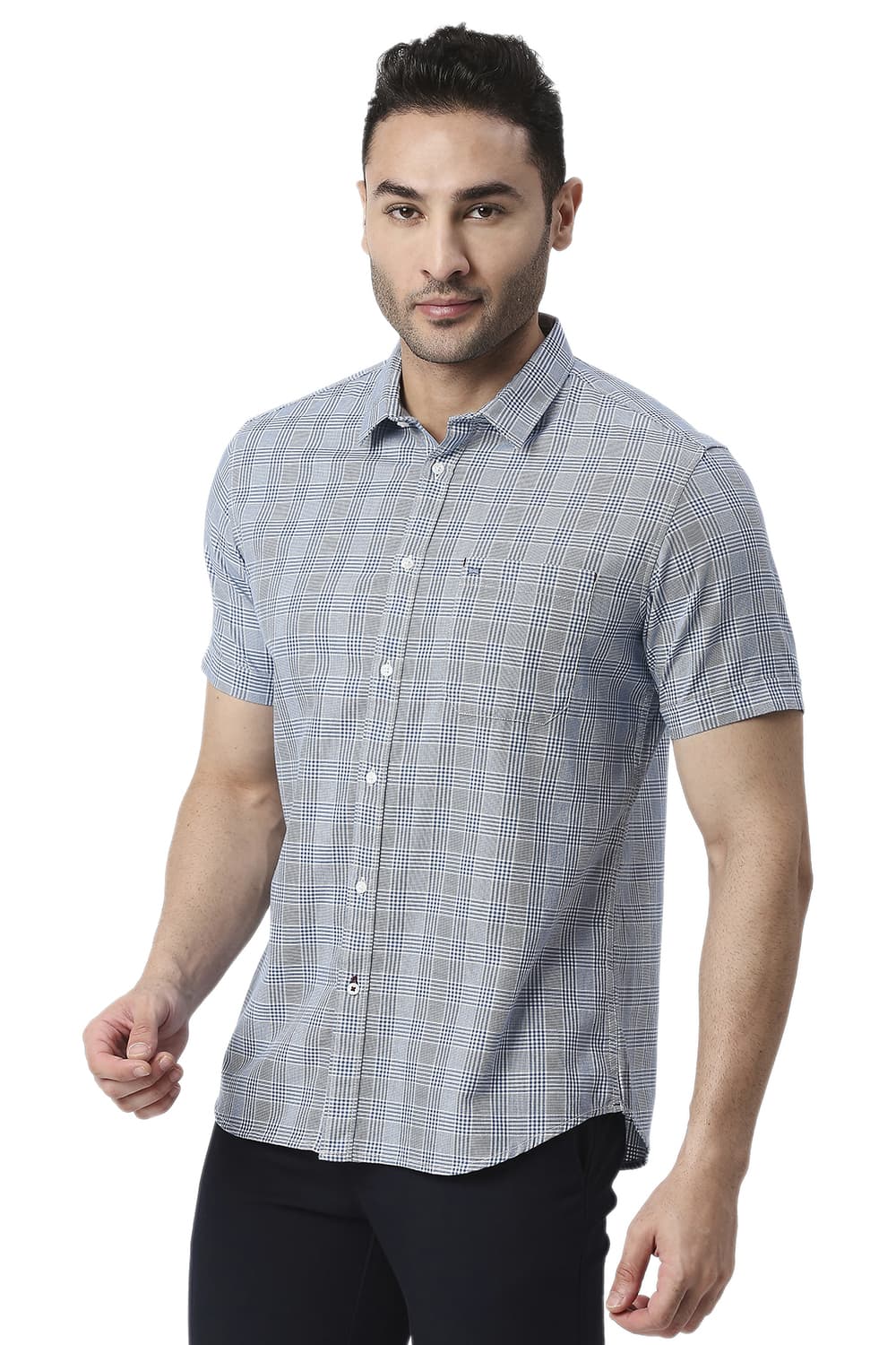 BASICS SLIM FIT COTTON TWILL CHECKS HALFSLEEVES SHIRT