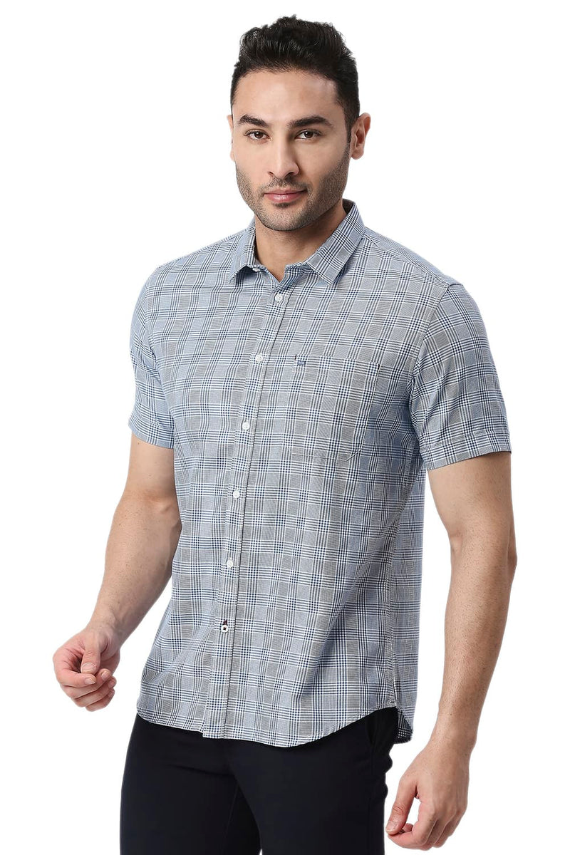 BASICS SLIM FIT COTTON TWILL CHECKS HALFSLEEVES SHIRT