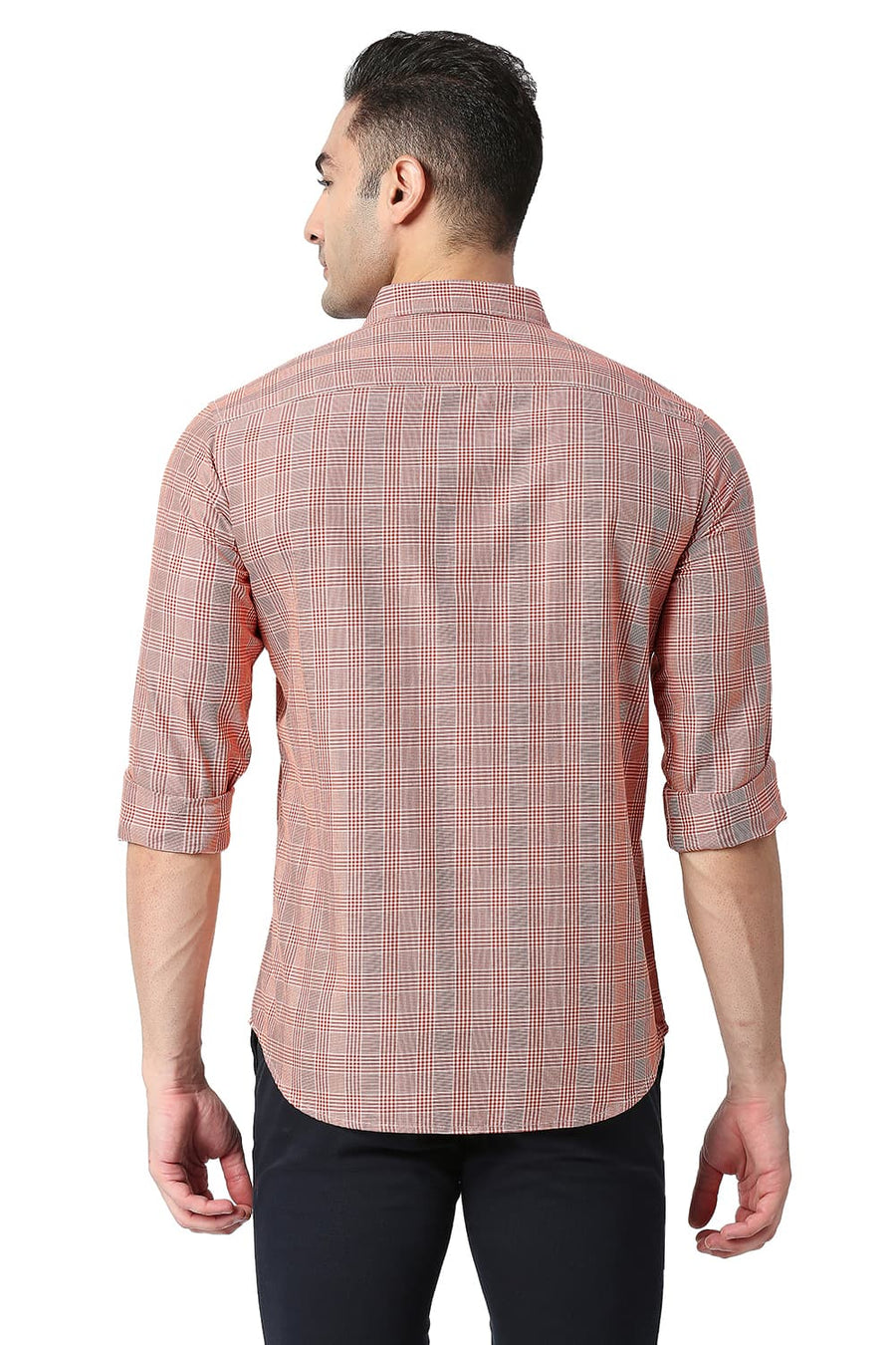 BASICS SLIM FIT BRICK RED COTTON TWILL CHECKS SHIRT