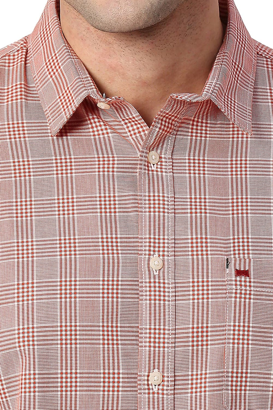 BASICS SLIM FIT BRICK RED COTTON TWILL CHECKS SHIRT