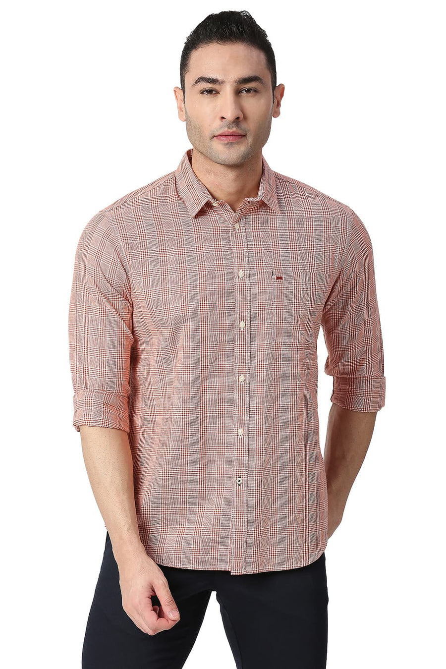 BASICS SLIM FIT BRICK RED COTTON TWILL CHECKS SHIRT