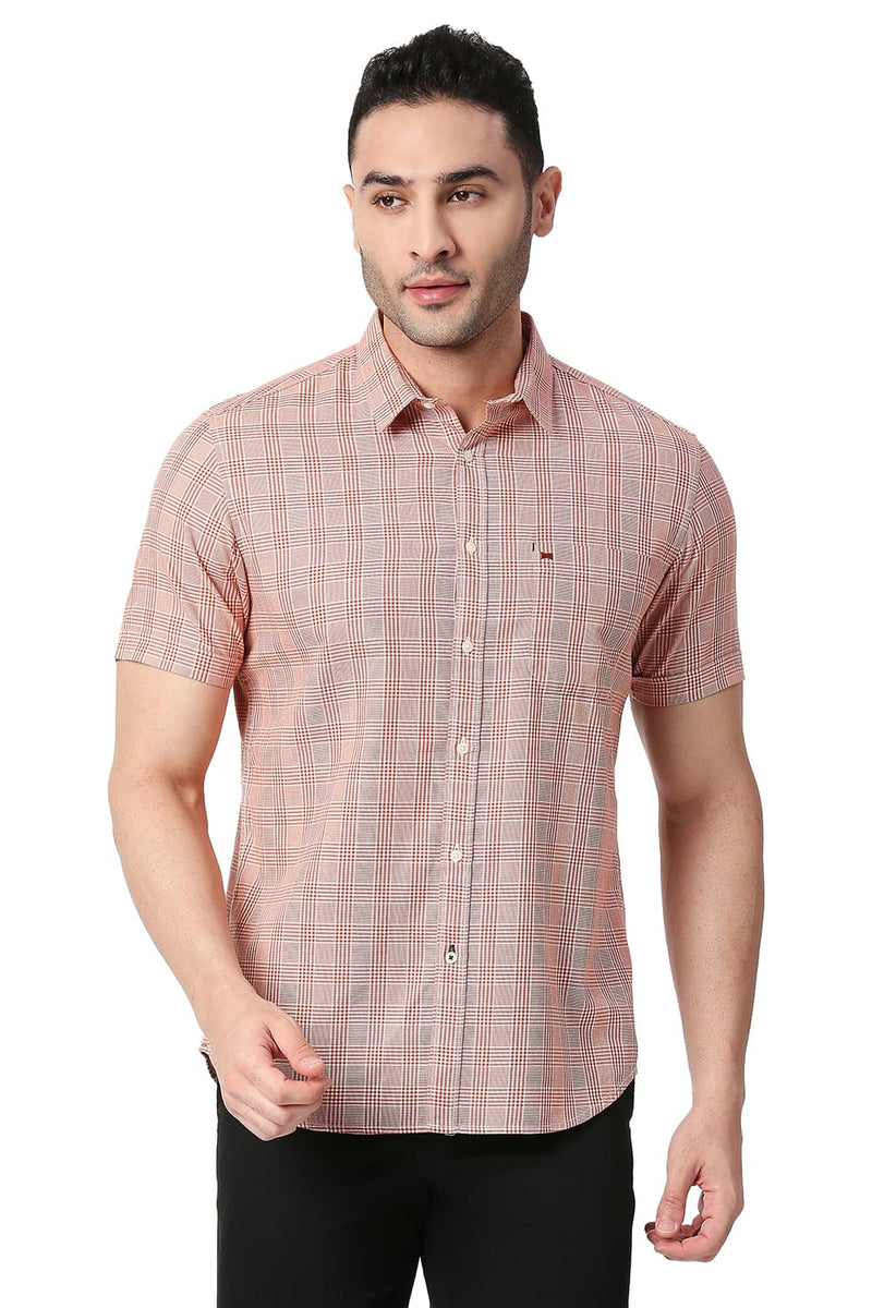 BASICS SLIM FIT COTTON TWILL CHECKS HALFSLEEVES SHIRT