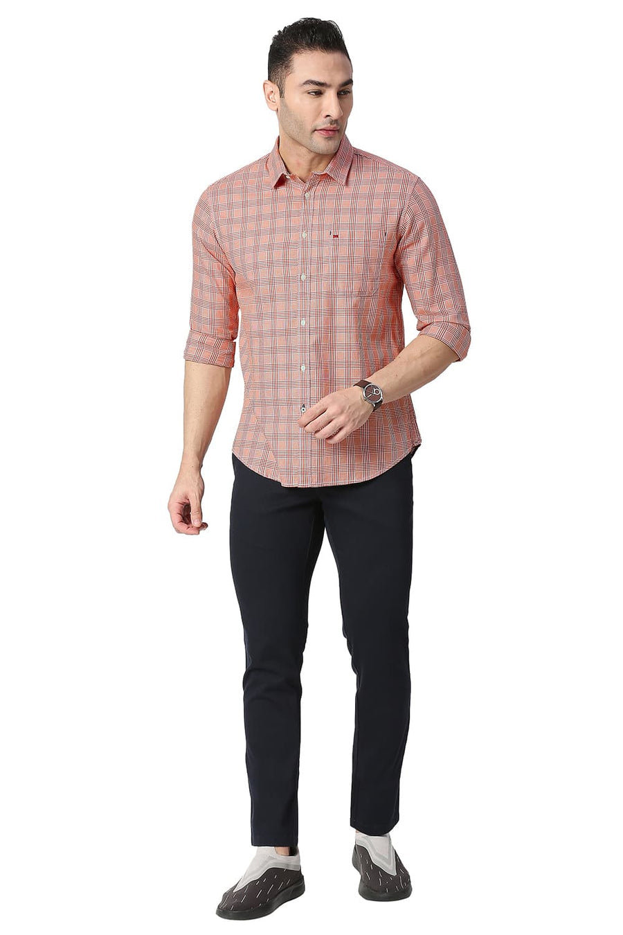 BASICS SLIM FIT BRICK RED COTTON TWILL CHECKS SHIRT