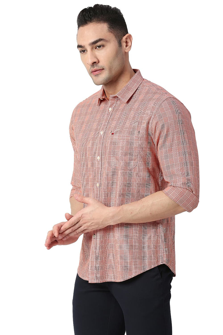BASICS SLIM FIT BRICK RED COTTON TWILL CHECKS SHIRT