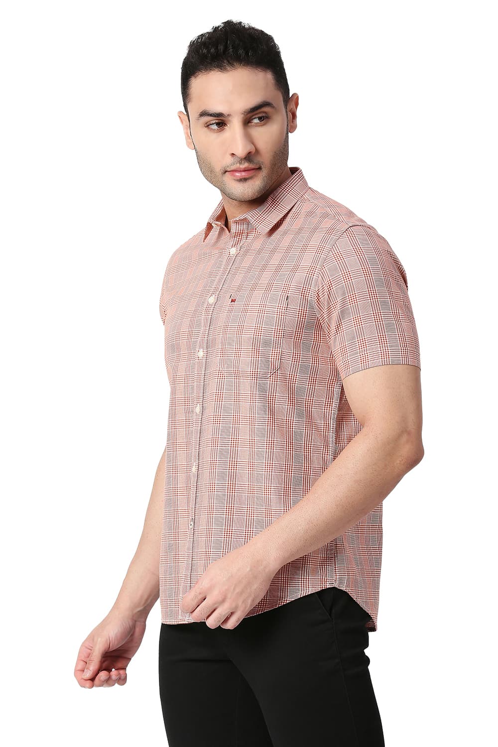 BASICS SLIM FIT COTTON TWILL CHECKS HALFSLEEVES SHIRT