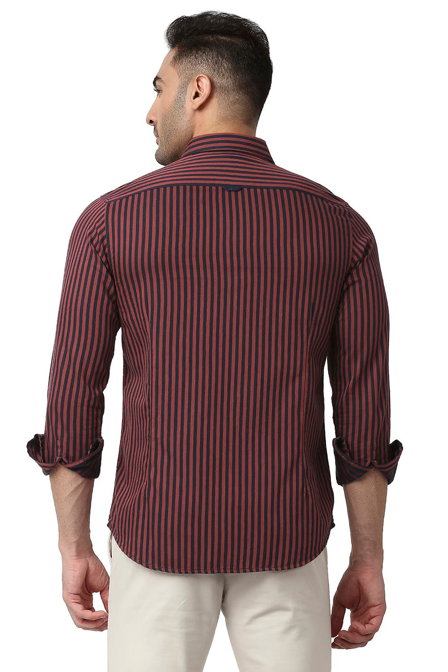 BASICS SLIM FIT RUBY RED COTTON TWILL STRIPE SHIRT