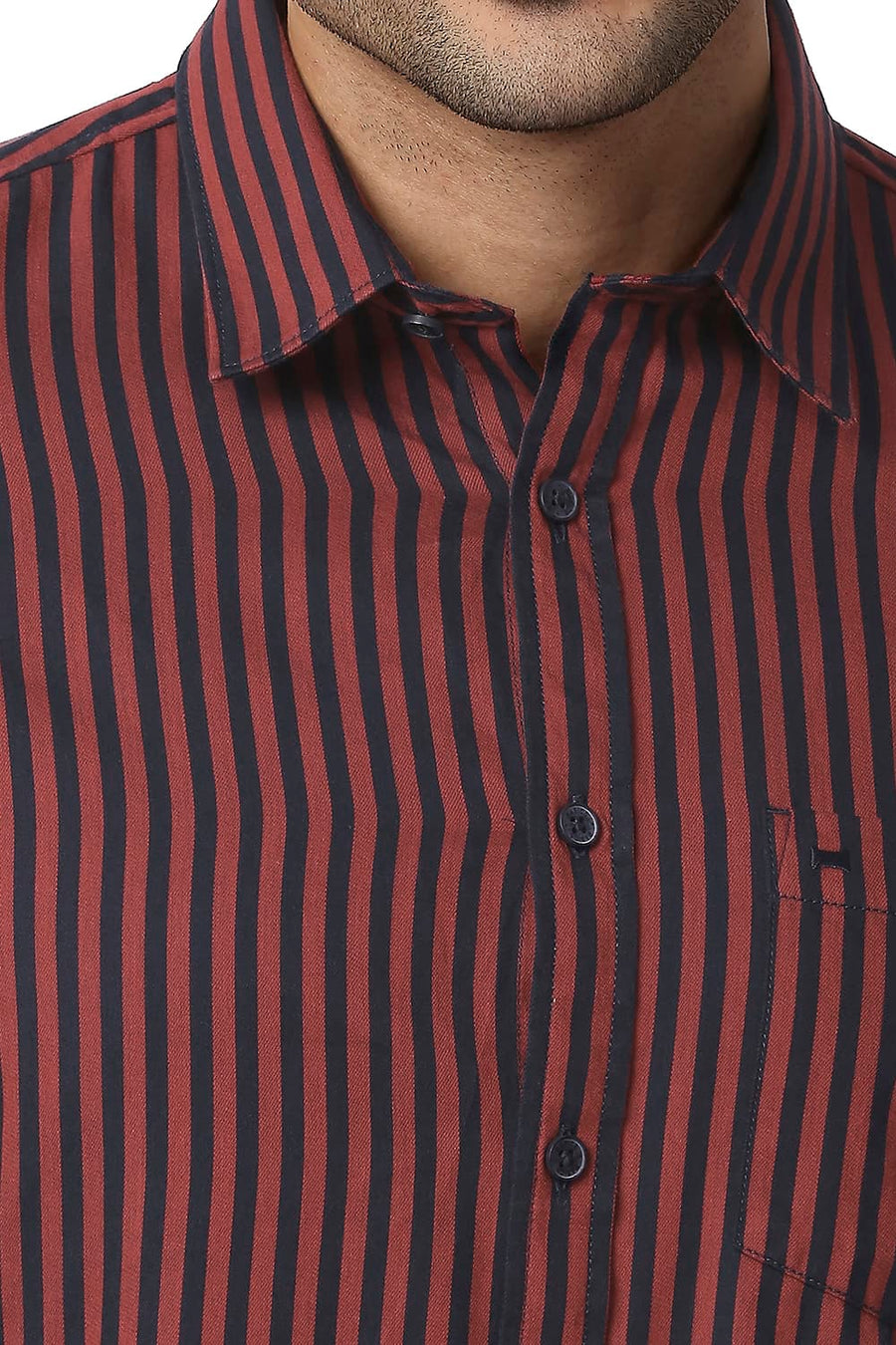 BASICS SLIM FIT RUBY RED COTTON TWILL STRIPE SHIRT