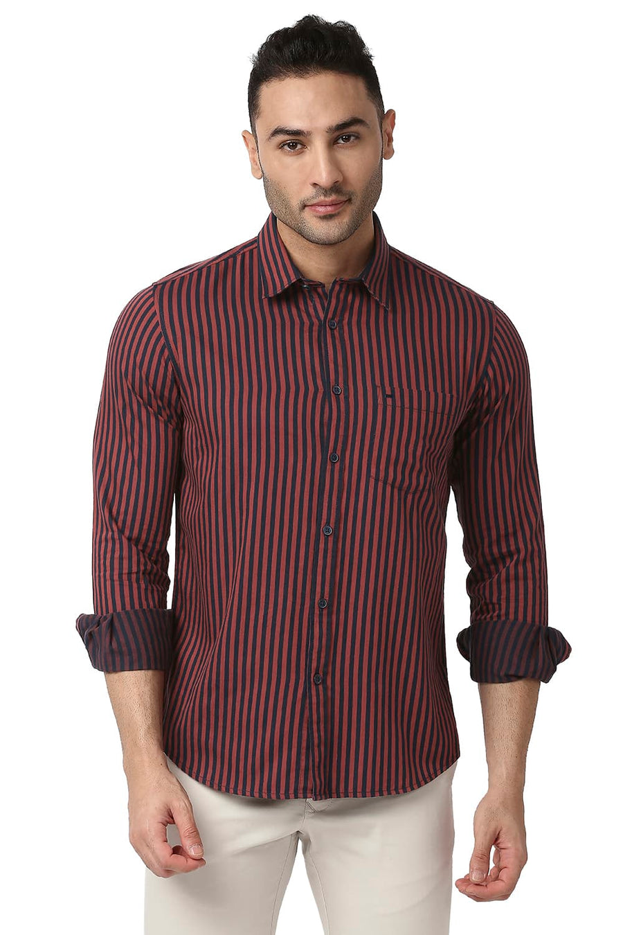 BASICS SLIM FIT RUBY RED COTTON TWILL STRIPE SHIRT