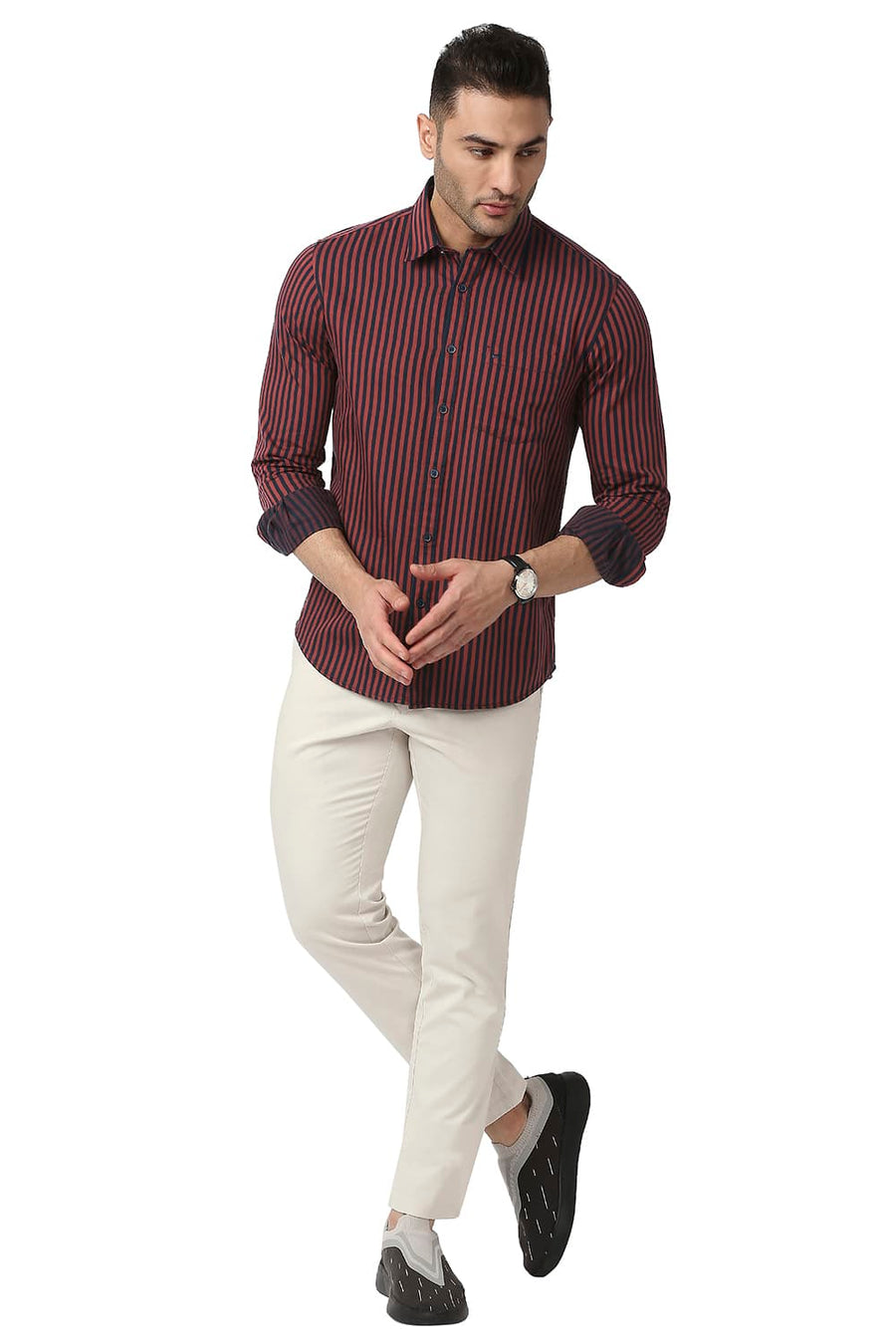 BASICS SLIM FIT RUBY RED COTTON TWILL STRIPE SHIRT