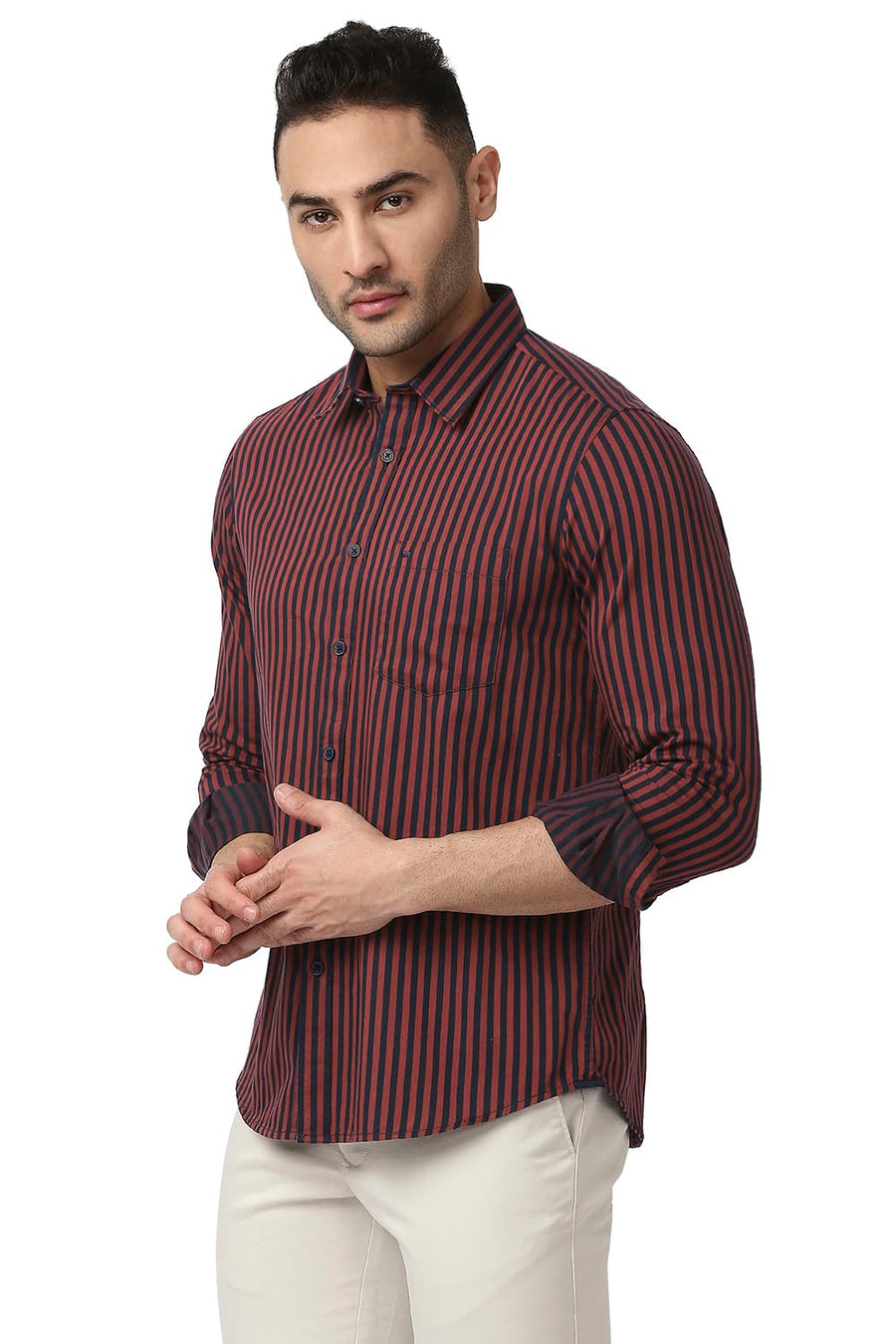 BASICS SLIM FIT RUBY RED COTTON TWILL STRIPE SHIRT