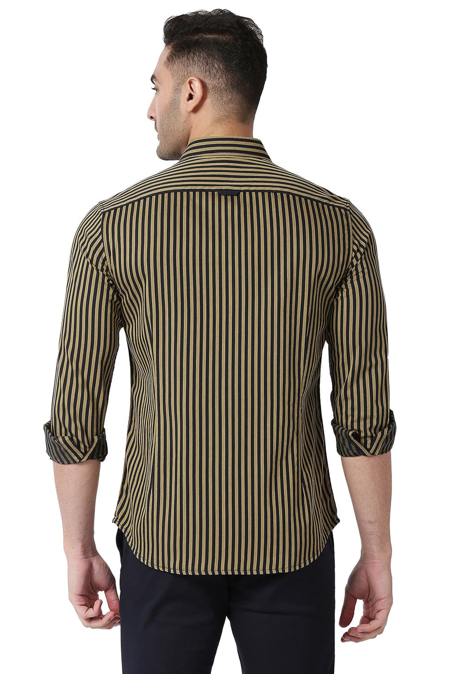 BASICS SLIM FIT LARK BEIGE COTTON TWILL STRIPE SHIRT