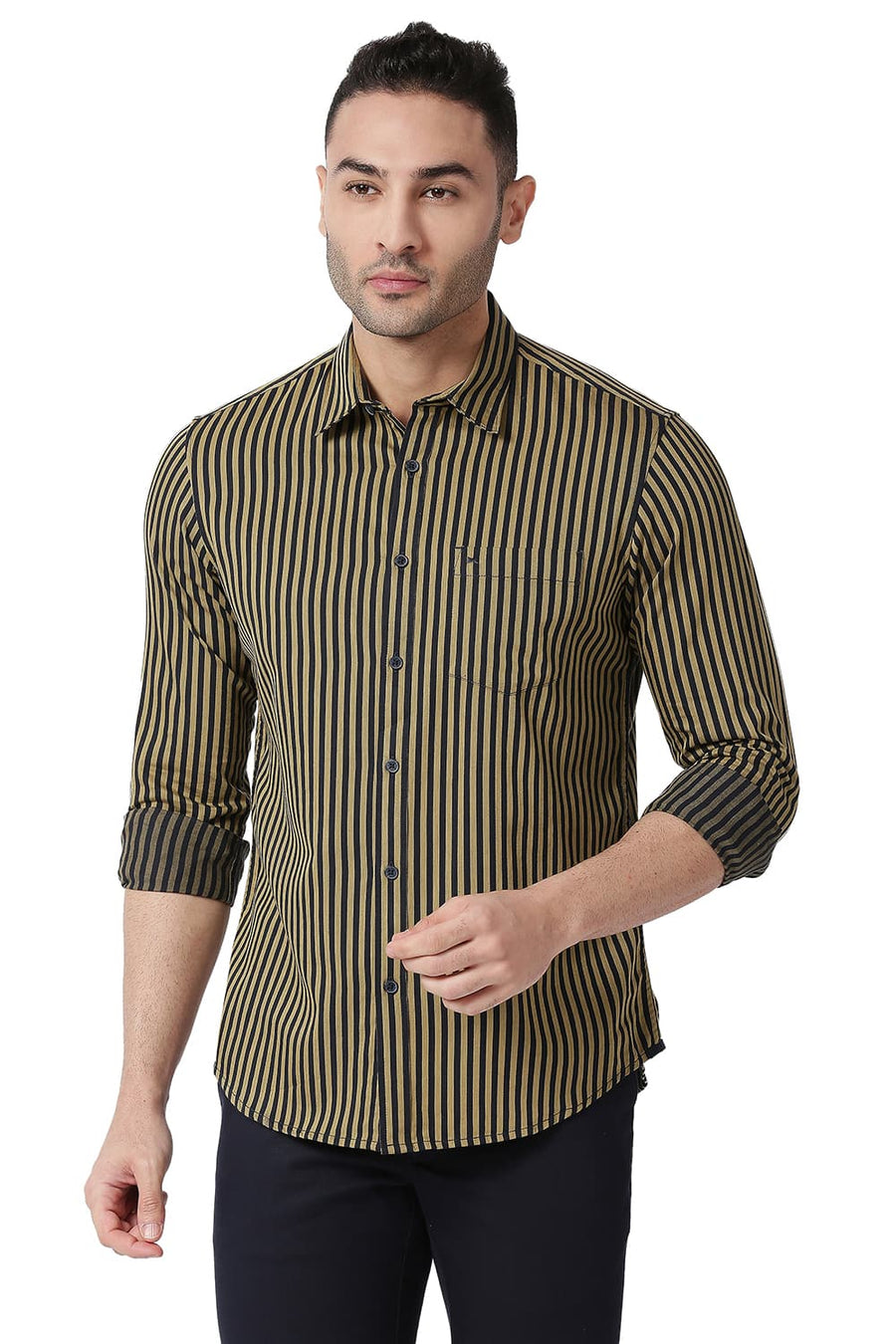 BASICS SLIM FIT LARK BEIGE COTTON TWILL STRIPE SHIRT