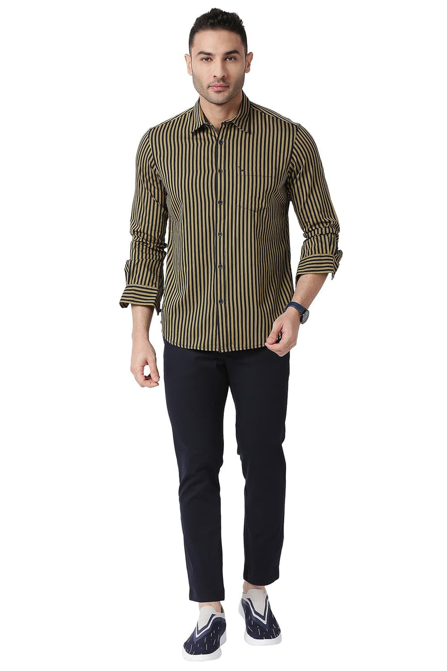BASICS SLIM FIT LARK BEIGE COTTON TWILL STRIPE SHIRT