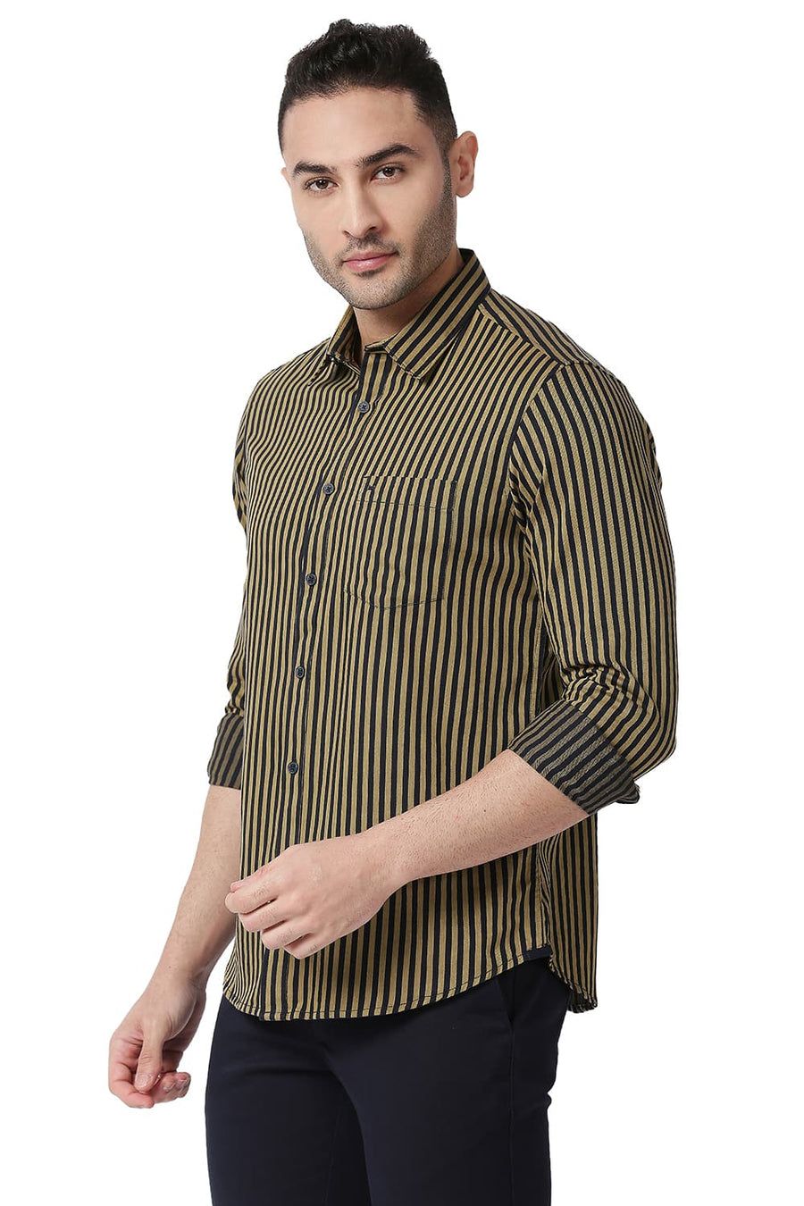 BASICS SLIM FIT LARK BEIGE COTTON TWILL STRIPE SHIRT