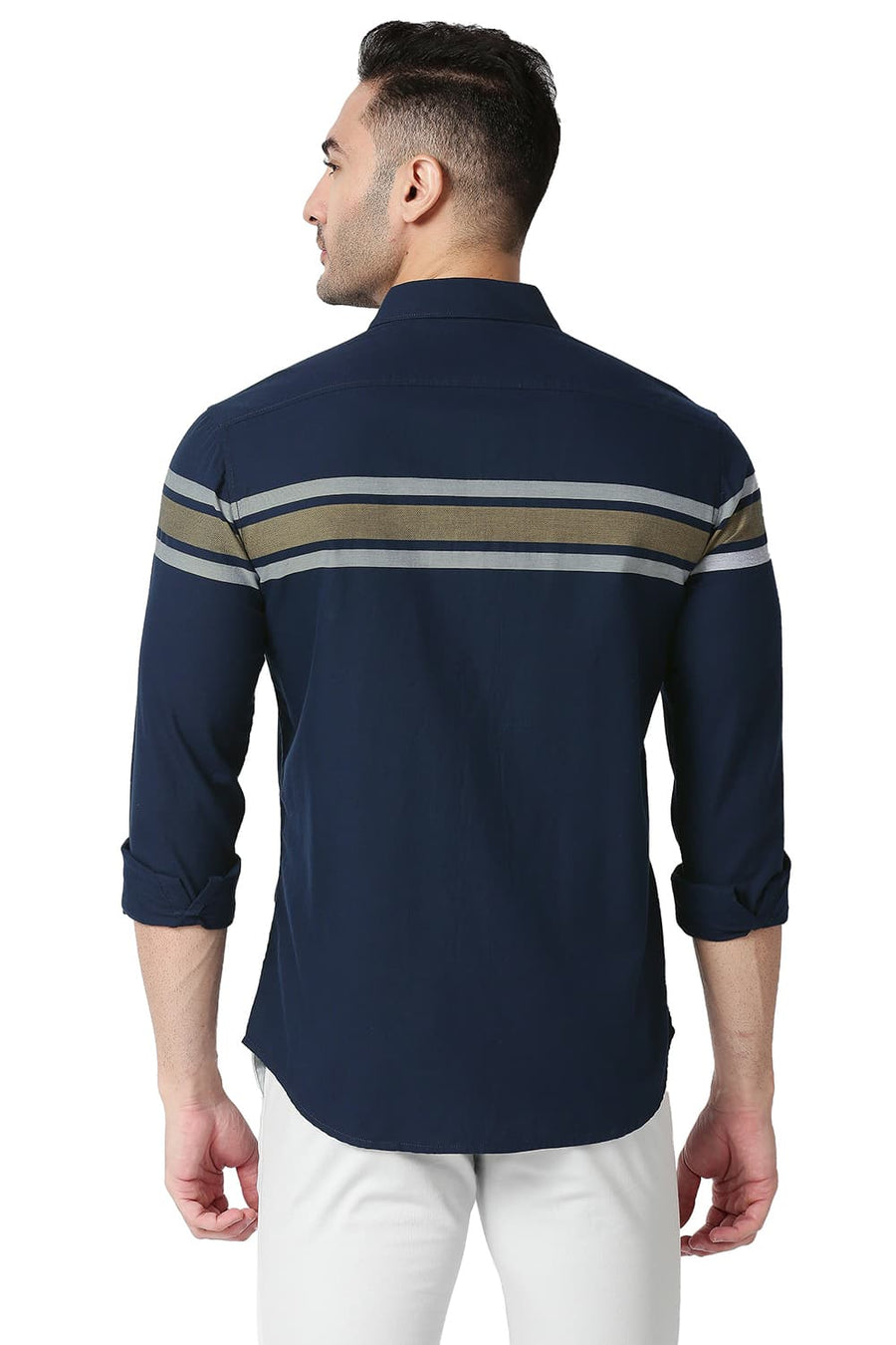 BASICS SLIM FIT MOONLIT NAVY COTTON TWILL DOBBY WEFT ENG STRIPE SHIRT