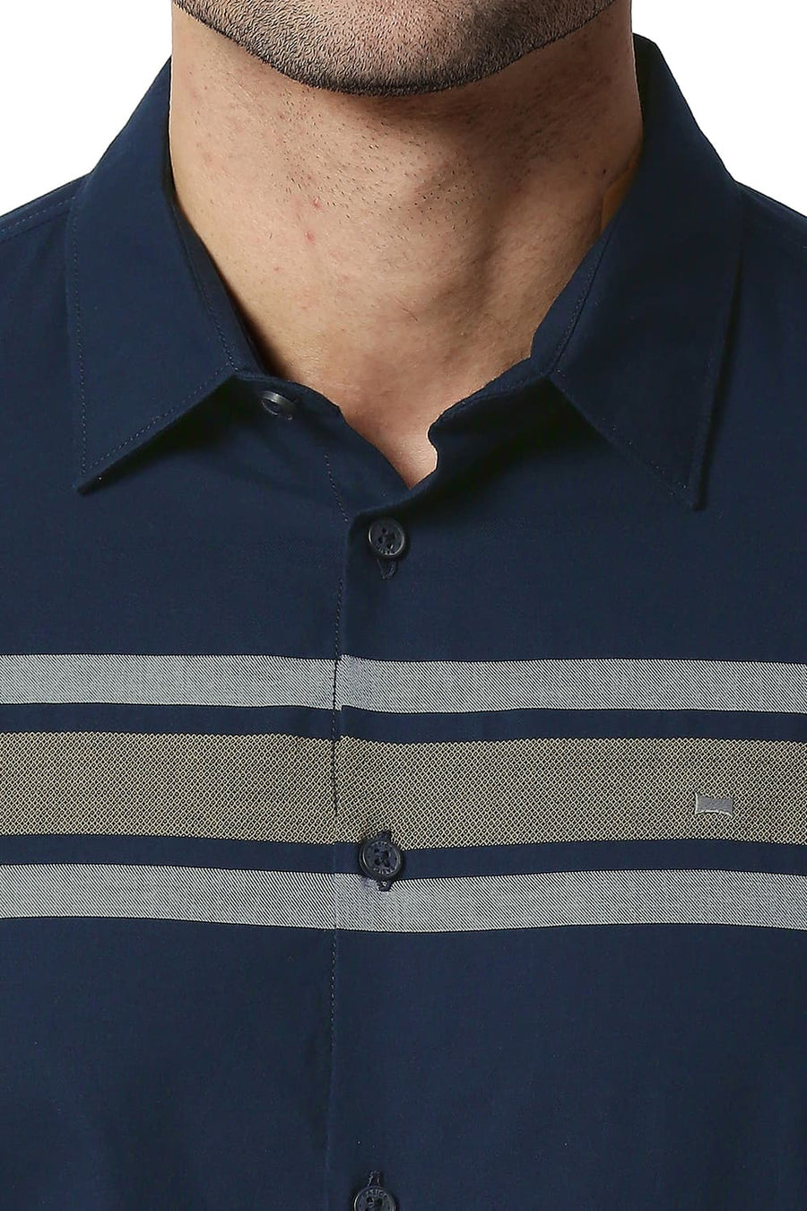 BASICS SLIM FIT MOONLIT NAVY COTTON TWILL DOBBY WEFT ENG STRIPE SHIRT