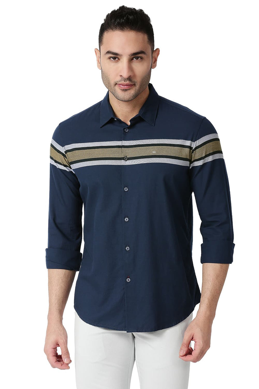 BASICS SLIM FIT MOONLIT NAVY COTTON TWILL DOBBY WEFT ENG STRIPE SHIRT
