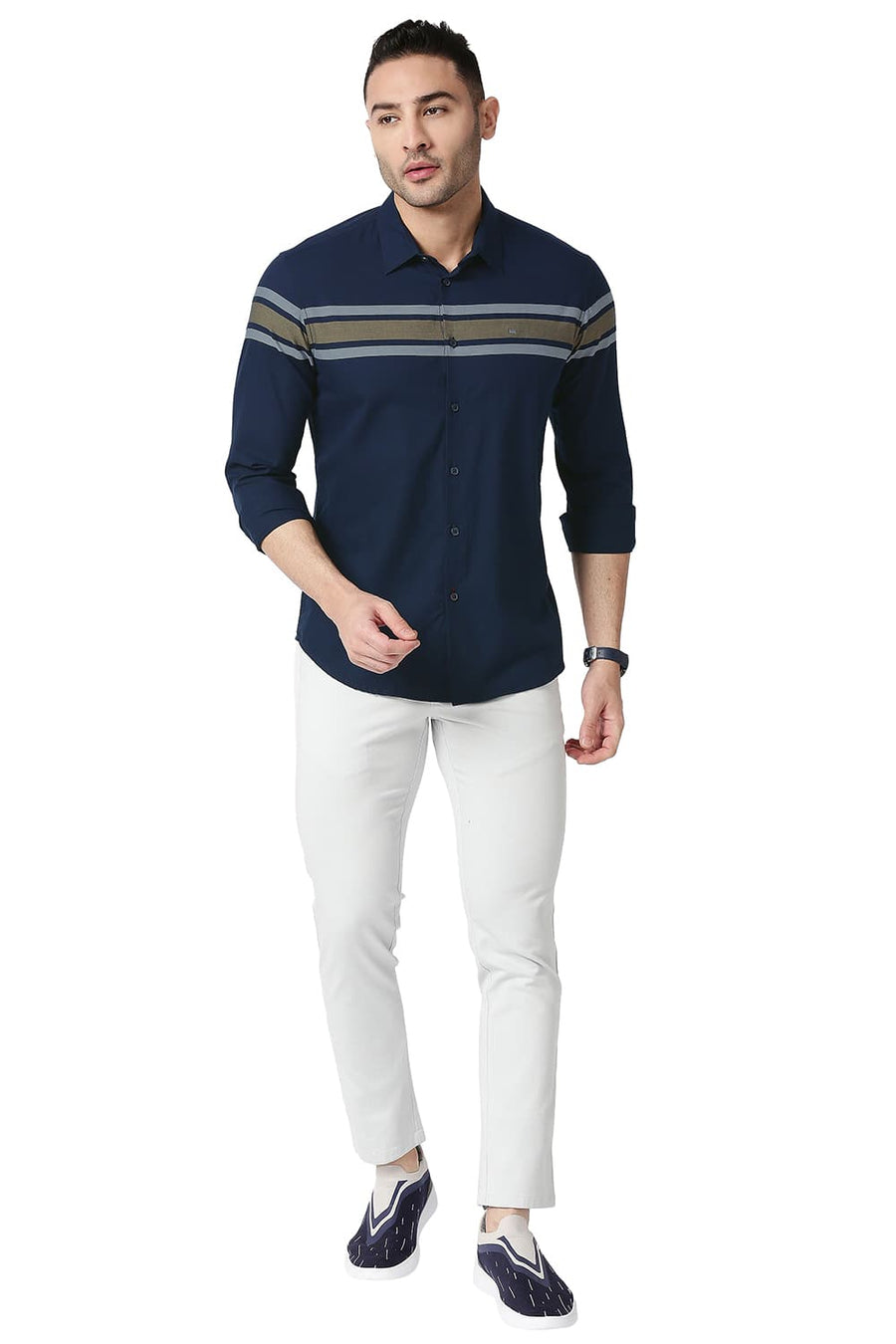 BASICS SLIM FIT MOONLIT NAVY COTTON TWILL DOBBY WEFT ENG STRIPE SHIRT