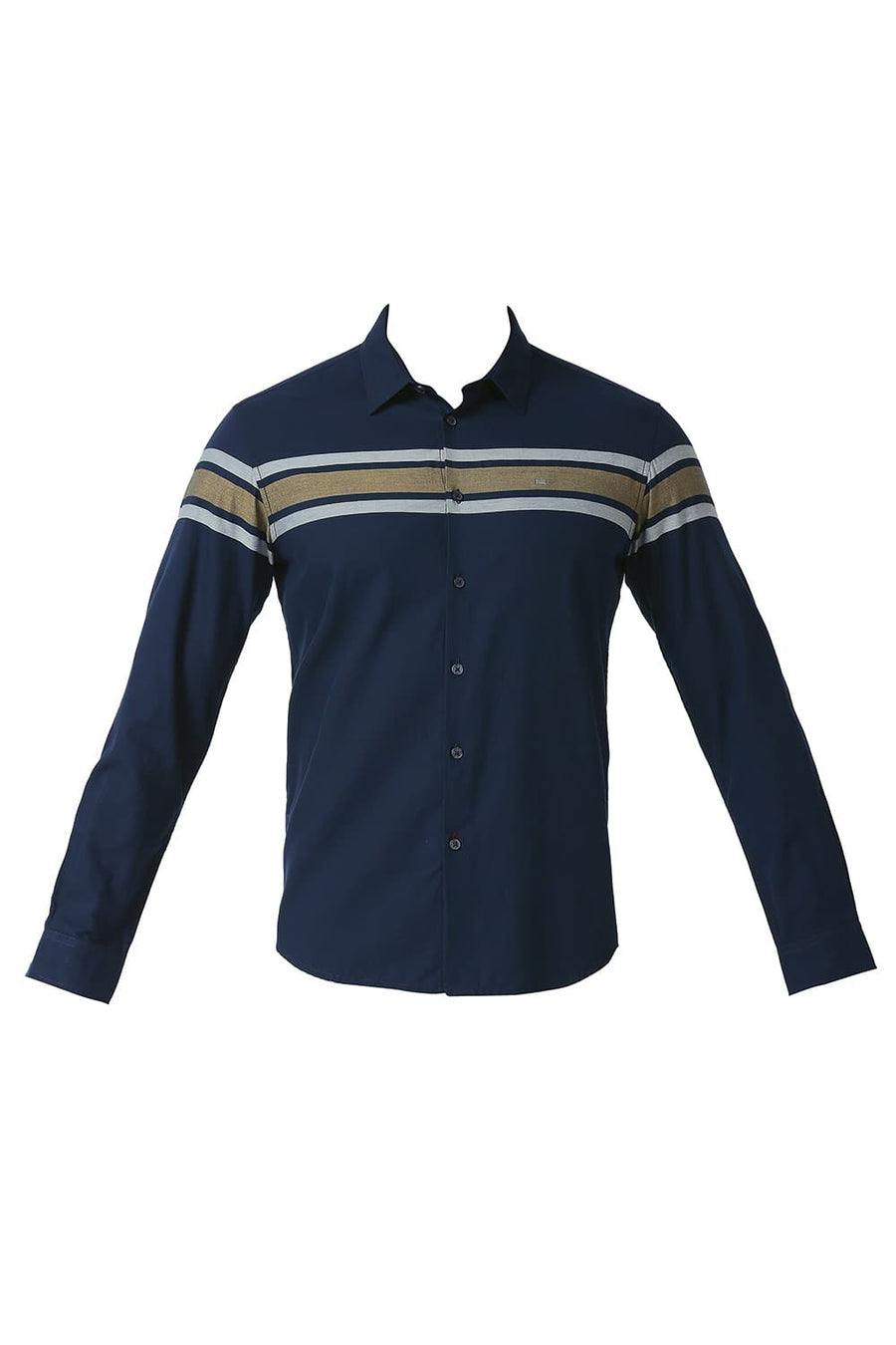 BASICS SLIM FIT MOONLIT NAVY COTTON TWILL DOBBY WEFT ENG STRIPE SHIRT