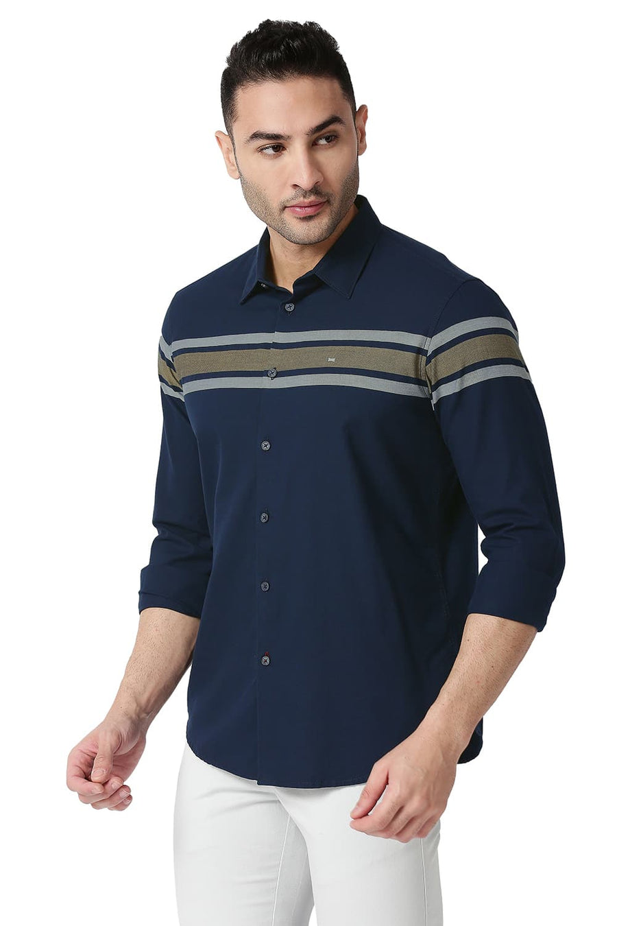 BASICS SLIM FIT MOONLIT NAVY COTTON TWILL DOBBY WEFT ENG STRIPE SHIRT