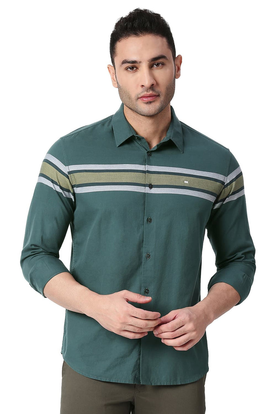BASICS SLIM FIT GREEN GABLES COTTON TWILL DOBBY WEFT ENG STRIPE SHIRT