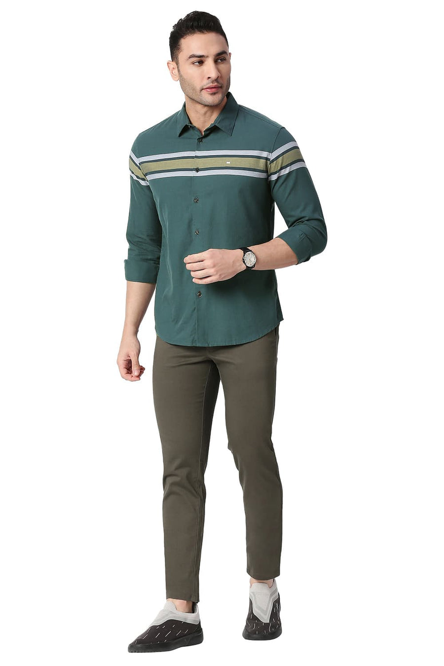 BASICS SLIM FIT GREEN GABLES COTTON TWILL DOBBY WEFT ENG STRIPE SHIRT