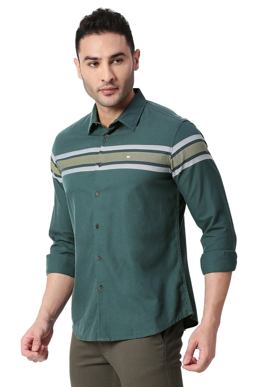 BASICS SLIM FIT GREEN GABLES COTTON TWILL DOBBY WEFT ENG STRIPE SHIRT