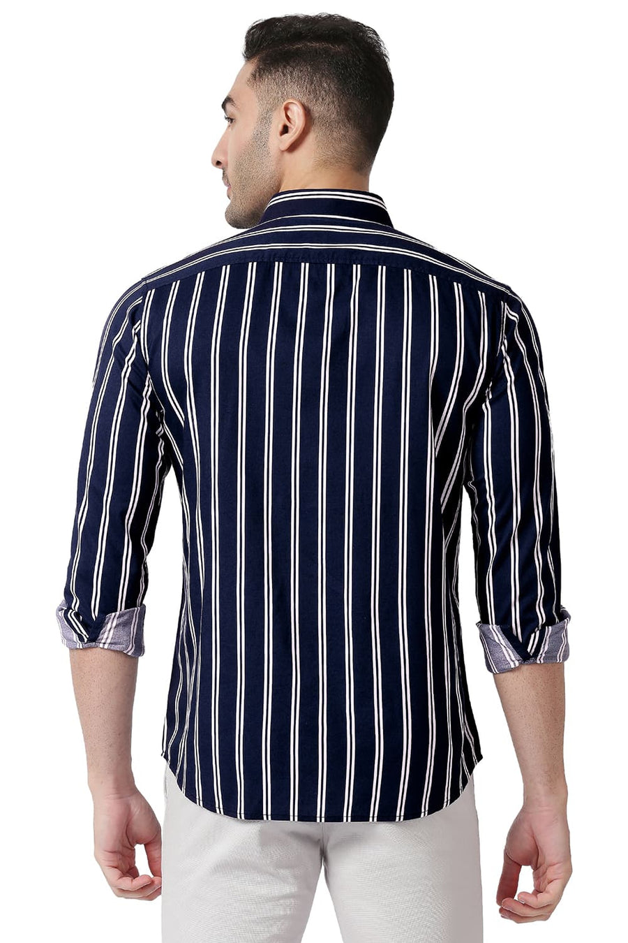 BASICS SLIM FIT PAGEANT NAVY COTTON VISCOSE PRINTED STRIPE SHIRT