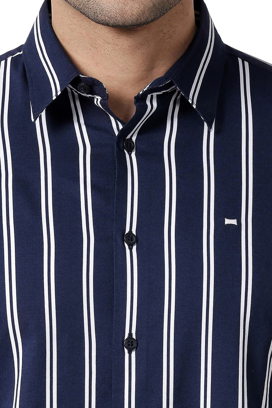 BASICS SLIM FIT PAGEANT NAVY COTTON VISCOSE PRINTED STRIPE SHIRT