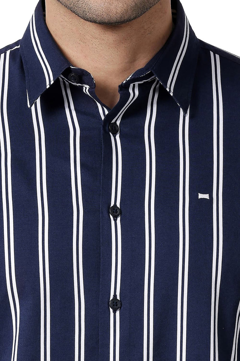 BASICS SLIM FIT COTTON VISCOSE PRINTED STRIPE SHIRT