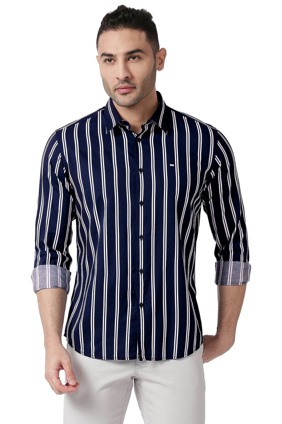 BASICS SLIM FIT PAGEANT NAVY COTTON VISCOSE PRINTED STRIPE SHIRT