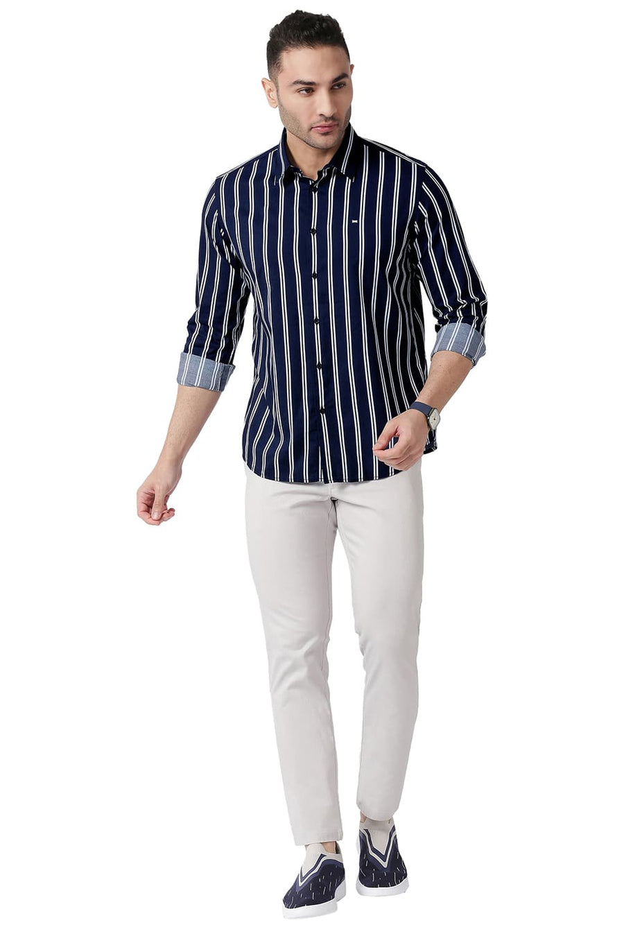 BASICS SLIM FIT PAGEANT NAVY COTTON VISCOSE PRINTED STRIPE SHIRT