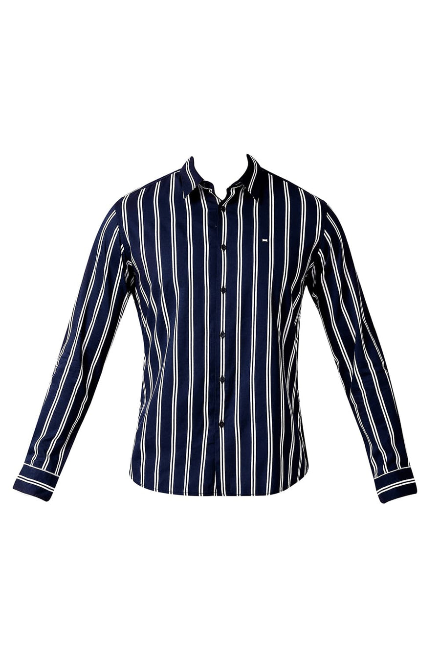 BASICS SLIM FIT PAGEANT NAVY COTTON VISCOSE PRINTED STRIPE SHIRT