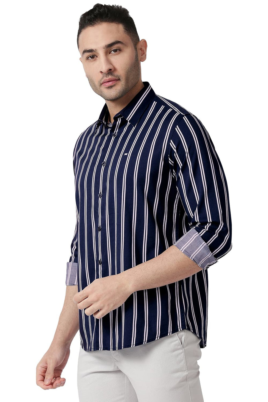 BASICS SLIM FIT PAGEANT NAVY COTTON VISCOSE PRINTED STRIPE SHIRT