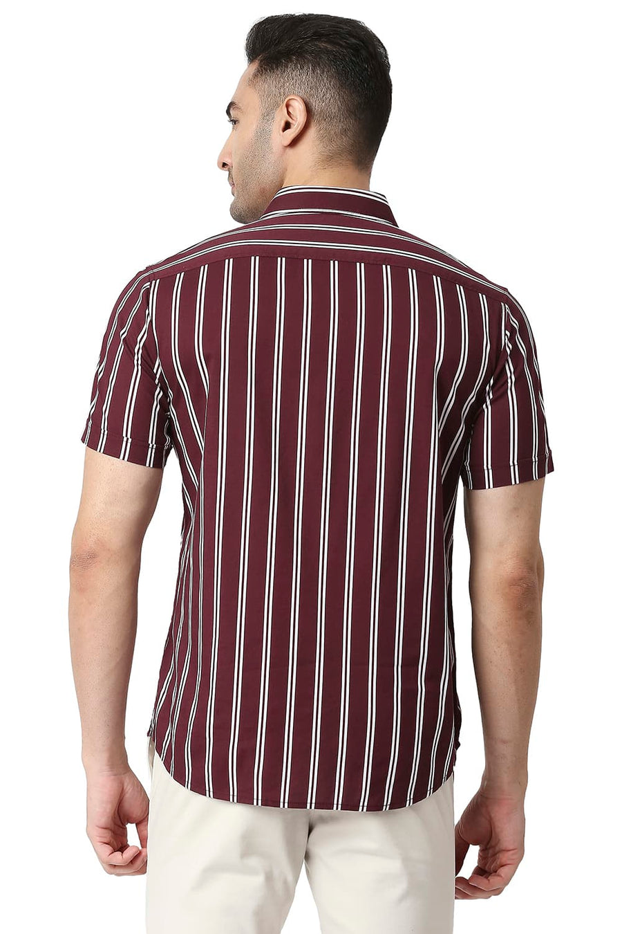 BASICS SLIM FIT TAWNY WINE COTTON VISCOSE PRINTED STRIPE SHIRT