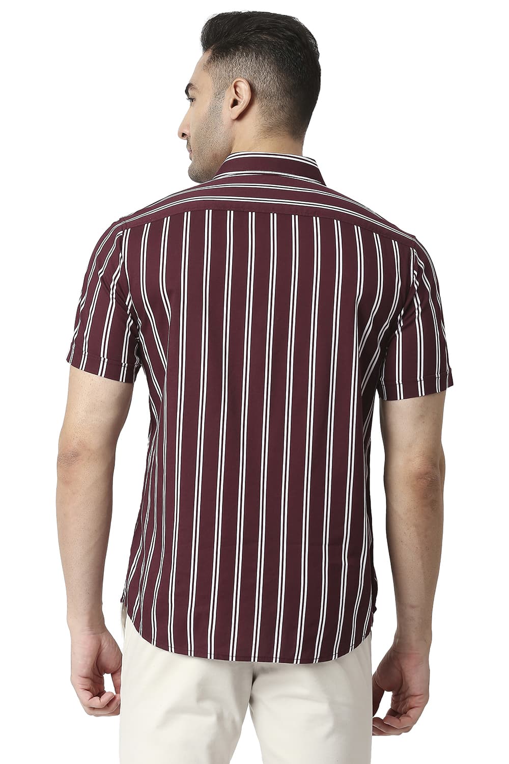 BASICS SLIM FIT COTTON VISCOSE PRINTED STRIPE HALFSLEEVES SHIRT