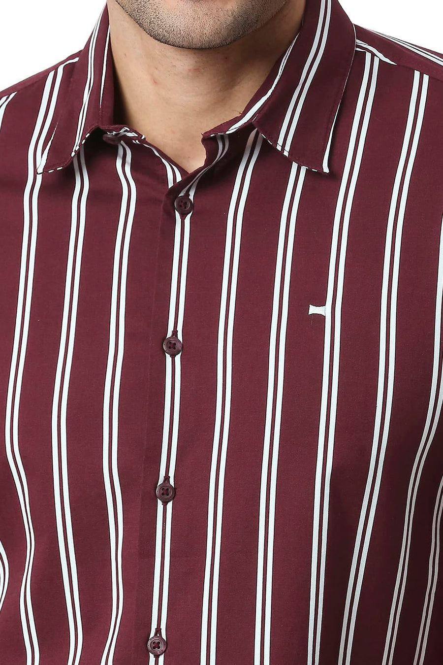 BASICS SLIM FIT TAWNY WINE COTTON VISCOSE PRINTED STRIPE SHIRT
