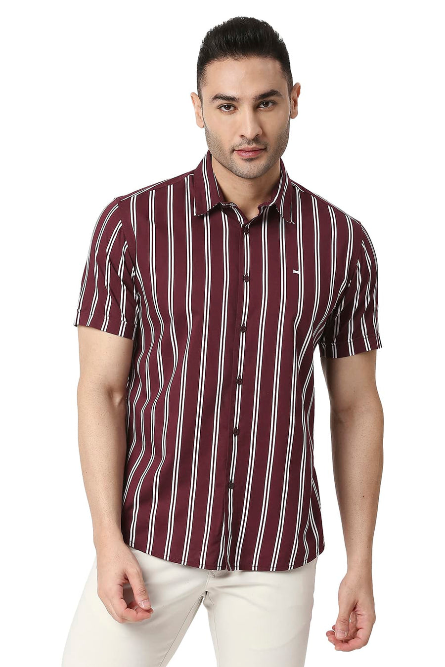 BASICS SLIM FIT TAWNY WINE COTTON VISCOSE PRINTED STRIPE SHIRT
