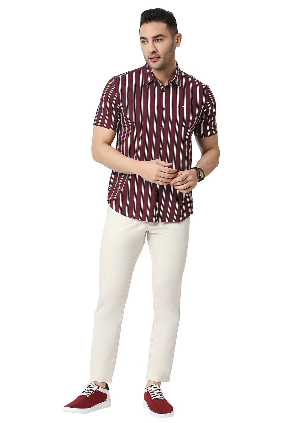 BASICS SLIM FIT TAWNY WINE COTTON VISCOSE PRINTED STRIPE SHIRT
