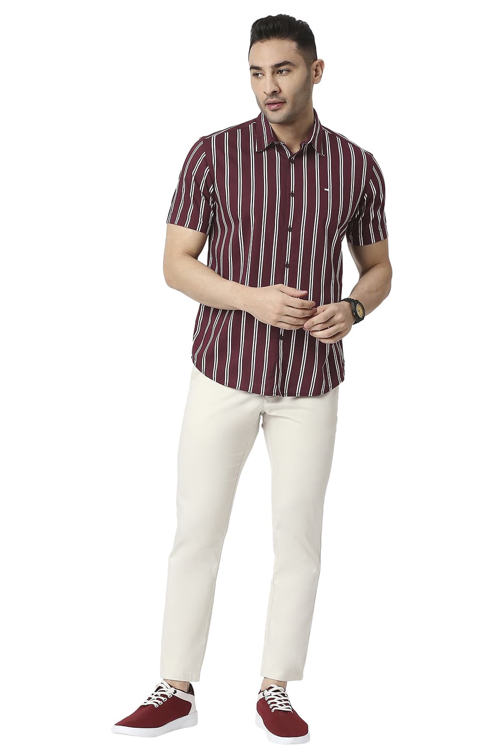 BASICS SLIM FIT COTTON VISCOSE PRINTED STRIPE HALFSLEEVES SHIRT