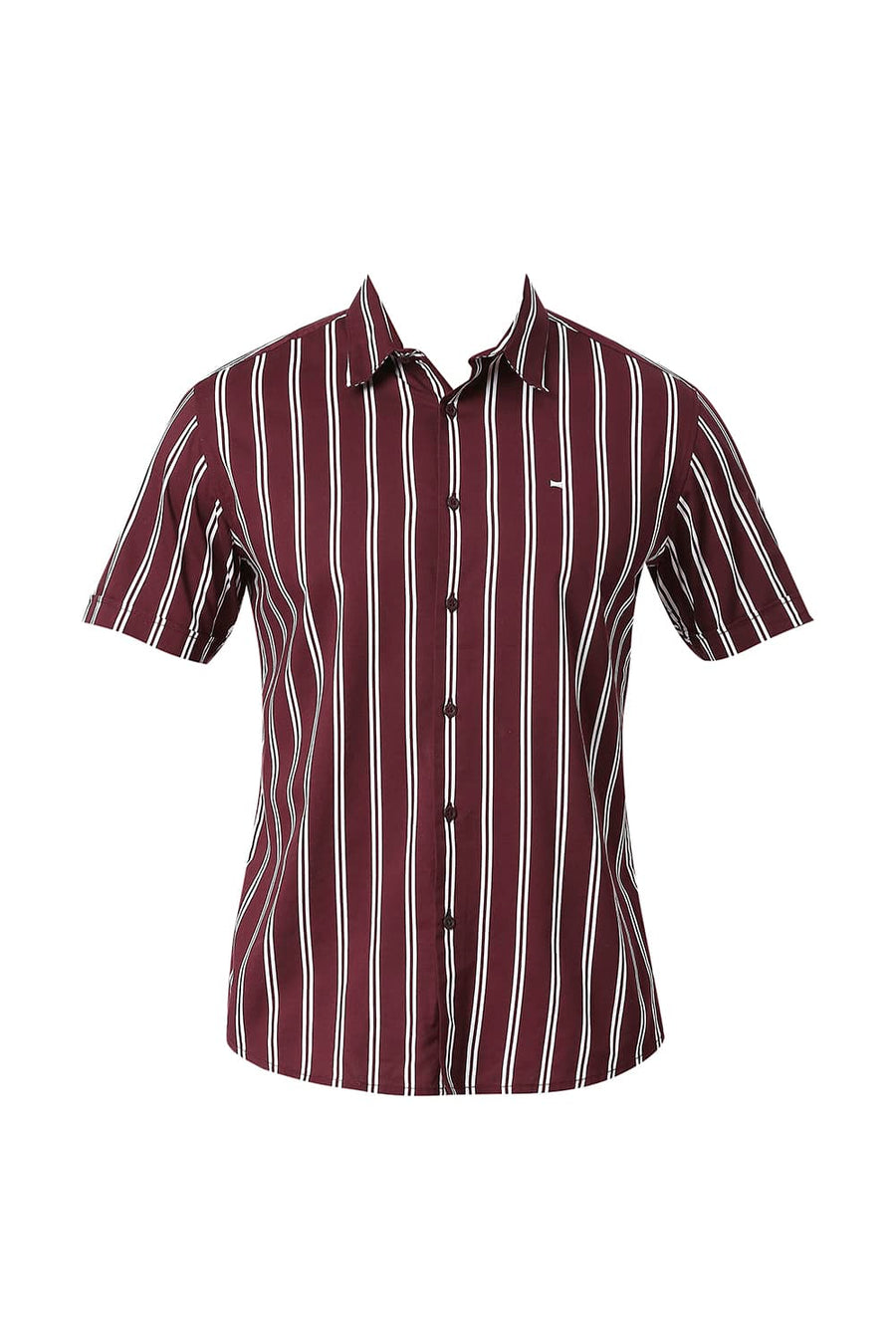 BASICS SLIM FIT TAWNY WINE COTTON VISCOSE PRINTED STRIPE SHIRT